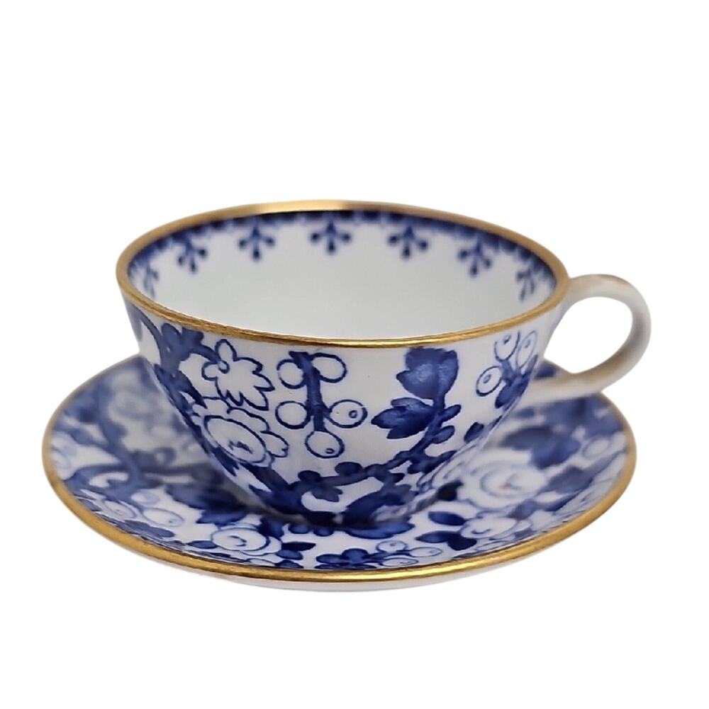 Spode Copelands China England Y6141 Blue Floral Mini Teacup-Saucer w/Gold Trim